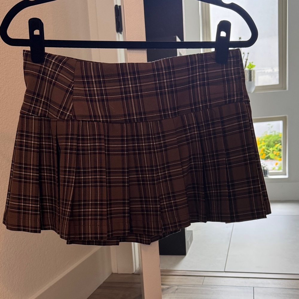 Brown Plaid Pleated Mini Skirt - Brand: